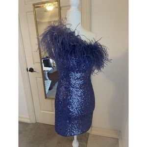 Sherri Hill Womens Purple Feathered Sequin One Shoulder Short Prom Dress Size 0